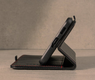 Stand Function on the Black with Red Detail Leather Case for Galaxy S21 Ultra