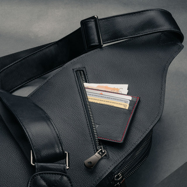 Black Leather Crossbody Bag with concealed zipped pocket