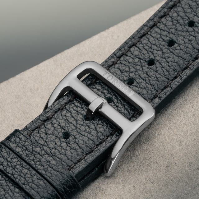 TORRO branded metal buckle on the Black with Tan underside Leather Apple Watch Strap