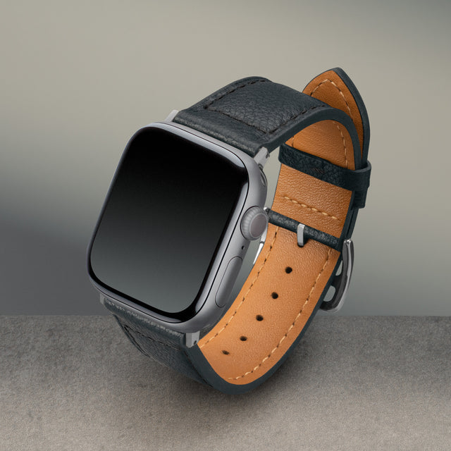 Black with Tan underside Leather Apple Watch Strap attached to an Apple Watch