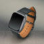 Black with Tan underside Leather Apple Watch Strap attached to an Apple Watch
