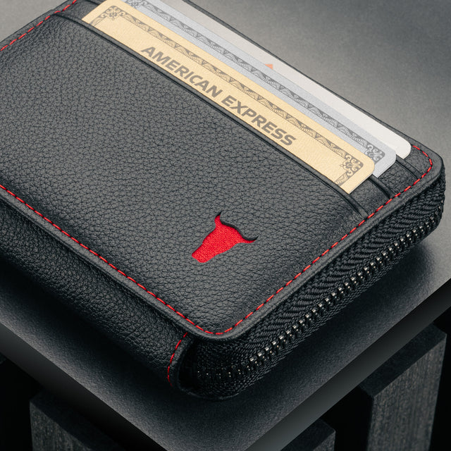 Front of the Black with Red Detail Leather Coin Purse with Card Holder with 3 card slots