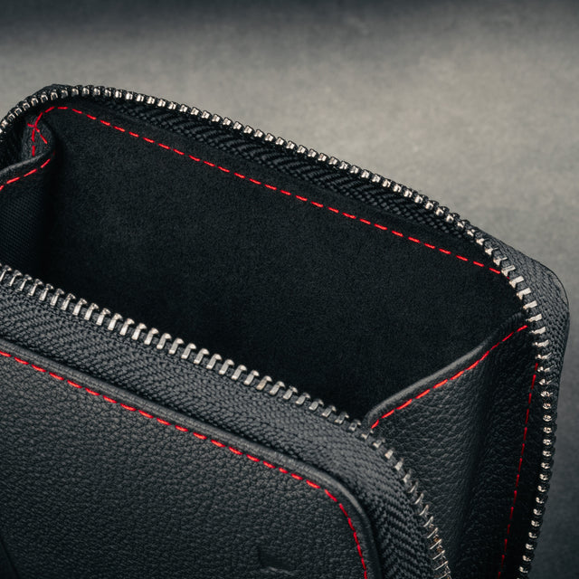 Close up of the Black with Red Detail Leather Coin Purse with Card Holder