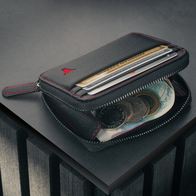 Coin and Note Pouch in the Black with Red Detail Leather Coin Purse with Card Holder