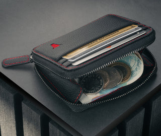Coin and Note Pouch in the Black with Red Detail Leather Coin Purse with Card Holder