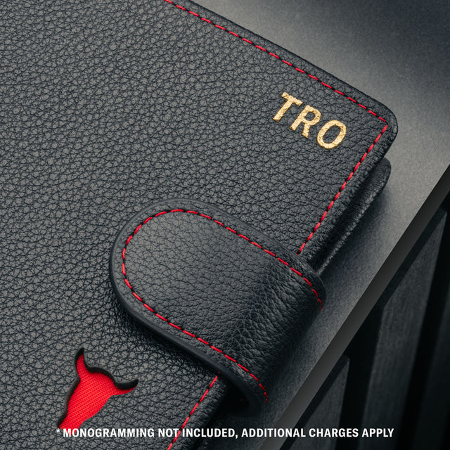 Monogramming on the Black with Red Detail Leather Wallet with Coin Pocket