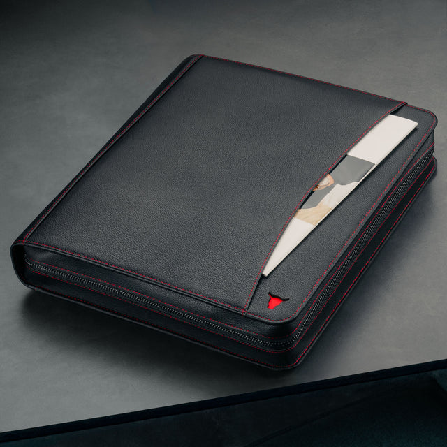 Front storage pocket on the Black with Red Detail Leather A4 Conference Folder