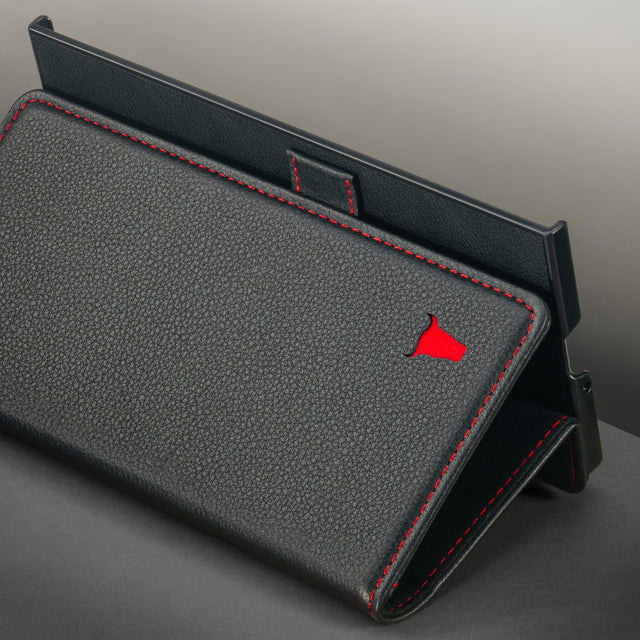 Integrated stand function on the Black with Red Detail Leather Case for Samsung Galaxy Z Fold8 Ultra