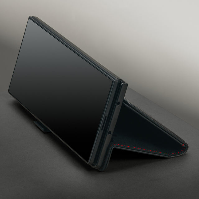 Integrated stand function on the Black with Red Detail Leather Case for Samsung Galaxy Z Fold8 Ultra