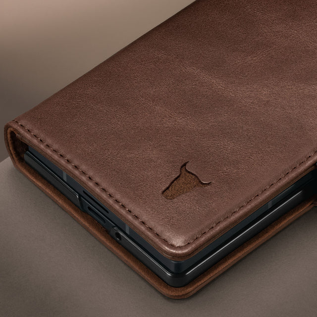 Close up of the Dark Brown Leather Case for Samsung Galaxy Z Fold8 Ultra
