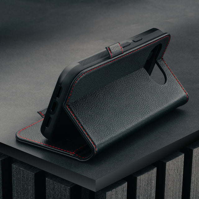 Stand function of the Black with Red Detail Leather Case for Google Pixel 10a