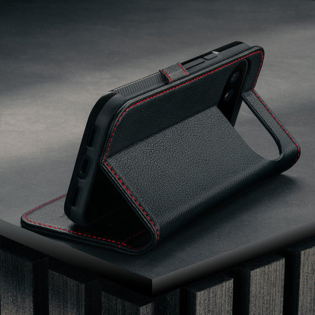 Stand function of the Black with Red Detail Leather Case for Google Pixel 10 Pro XL
