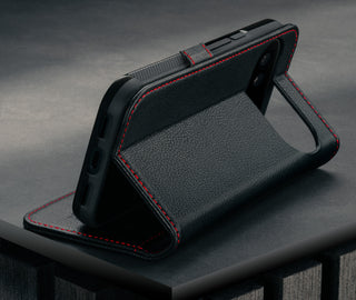 Stand function of the Black with Red Detail Leather Case for Google Pixel 10 Pro XL