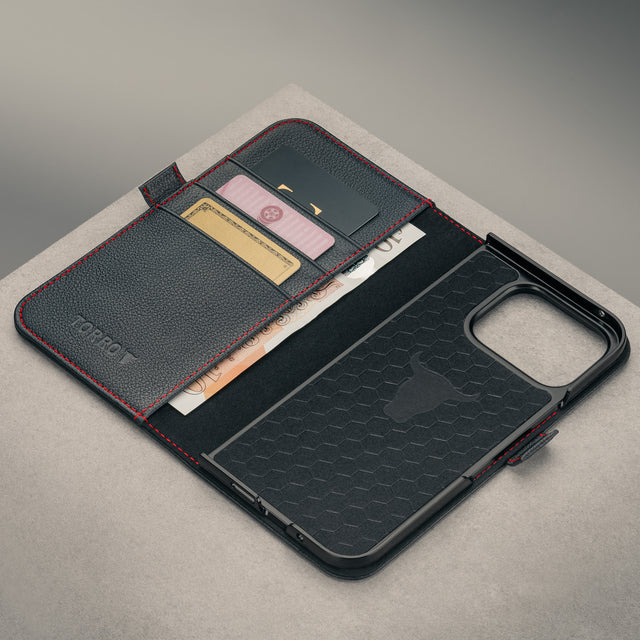 Card slots inside the Black with Red Stitching Leather Case for the Google Pixel 11 Pro Fold
