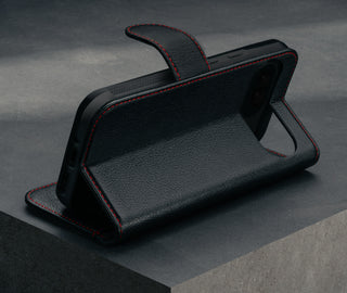 Stand function of the Black with Red Detail Leather Wallet Case for Google Pixel 9