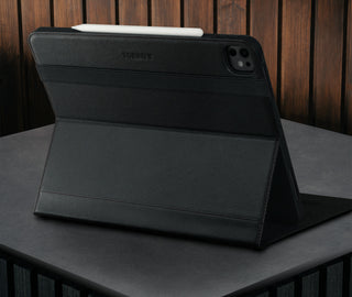 Built-in viewing stand of the Black Leather Case for Apple iPad Pro 12.9" (2024)