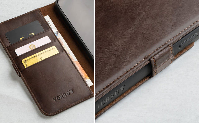 Dark Brown Leather Folio Stand Case for iPhone 14