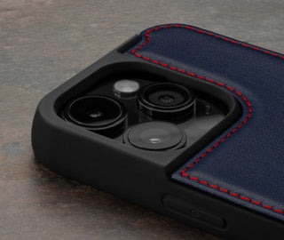 Camera cutout on the Navy Blue Leather Bumper Case for iPhone 15 Pro