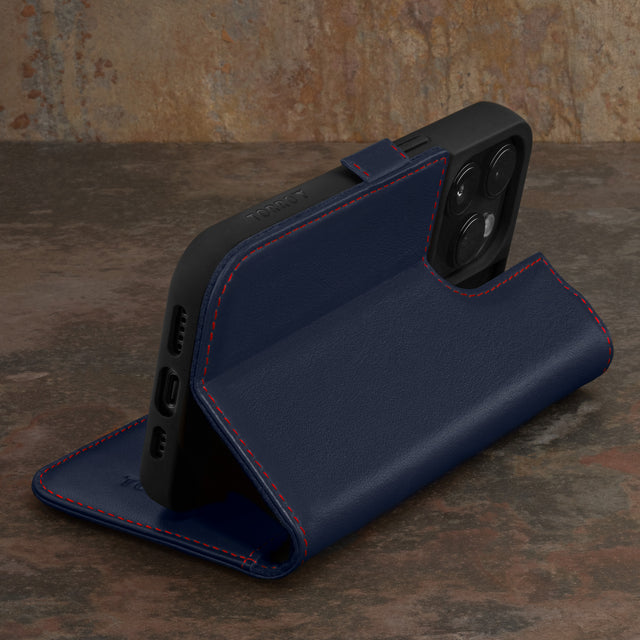 Integrated stand function of the Navy Blue Leather Wallet Case for iPhone 15 Pro