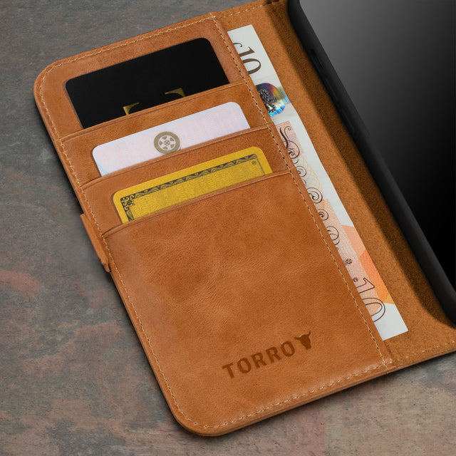 Card slots inside the Tan Leather Wallet Case for iPhone 15