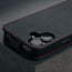 Camera cutout on the Black with Red Stitching Leather Flip Case for iPhone 16