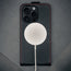 MagSafe charger connected to the Black with Red Stitching Leather Flip Case for iPhone 16 Pro