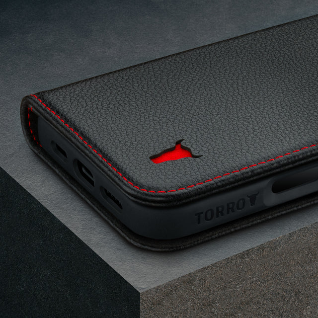 Black Leather with Red Detail Leather Case for iPhone 16 Pro Max