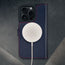 MagSafe charger connected to the Navy Blue Leather Case for iPhone 16 Pro Max