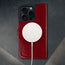 MagSafe charger connected to the Red Leather Case for iPhone 16 Pro Max