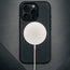 MagSafe charger on the Black Leather Slimline Bumper Case for iPhone 16 Pro