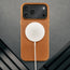 MagSafe charger attached to the Slimline Light Brown / Tan Leather Bumper Case for iPhone 17 Pro