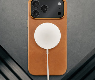 MagSafe charger attached to the Slimline Light Brown / Tan Leather Bumper Case for iPhone 17 Pro
