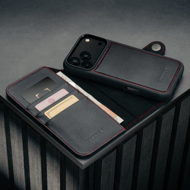 Card holder and detachable cover of the Black with Red Detail Leather Detachable Case for iPhone 17 Pro