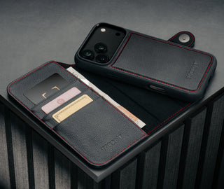 Card holder and detachable cover of the Black with Red Detail Leather Detachable Case for iPhone 17 Pro