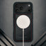 MagSafe charger attached to the Black with Red Detail Leather Detachable Case for iPhone 17 Pro