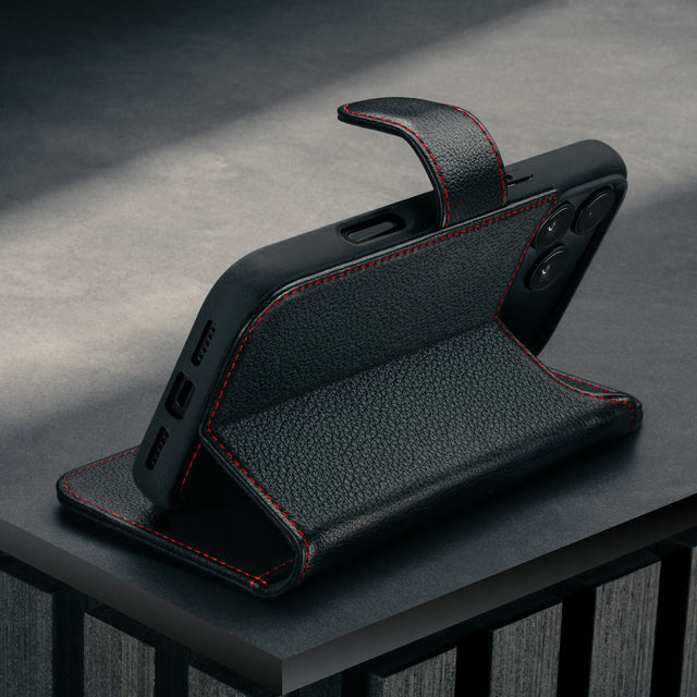 Stand function of the Black with Red Detail Leather Detachable Case for iPhone 17 Pro