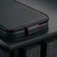 Magnetic closure clasp on the Black with Red Stitching Leather Flip Case for iPhone 17 Pro