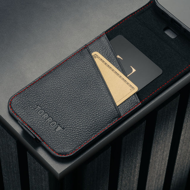 Card holder in the Black with Red Stitching Leather Flip Case for iPhone 17 Pro
