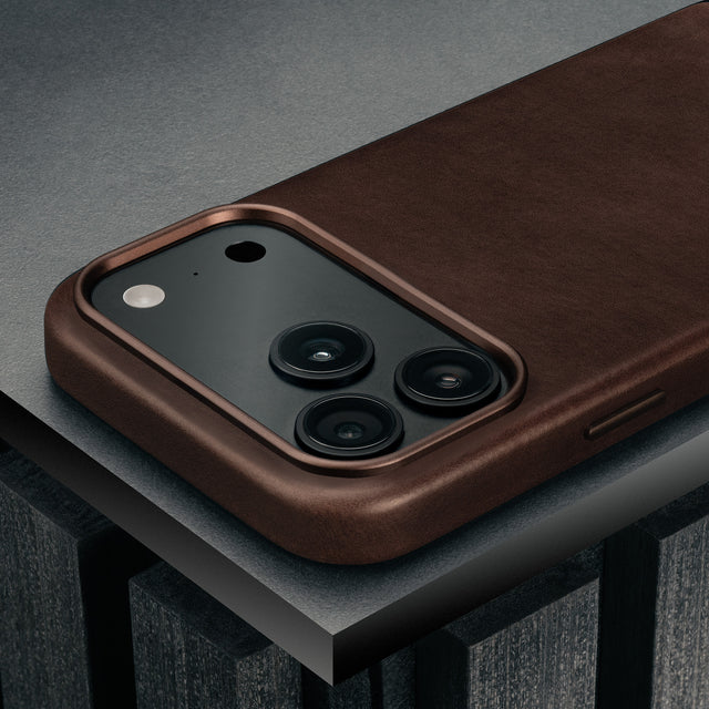 Camera cutout on the Slimline Dark Brown Leather Bumper Case for iPhone 17 Pro Max