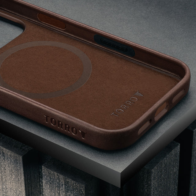 Microfibre lining of the Slimline Dark Brown Leather Bumper Case for iPhone 17 Pro Max