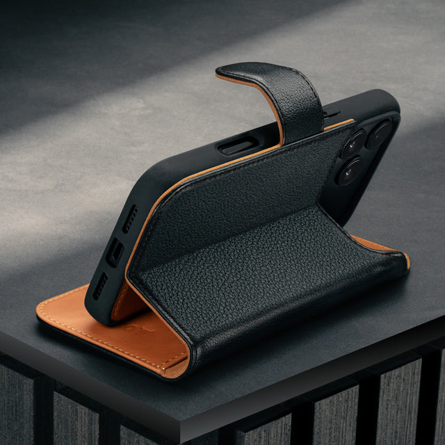 Stand function of the Black Leather Detachable Case for iPhone 17 Pro Max