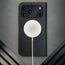 MagSafe charger attached to the Black Leather Case (with Red Stitching) for iPhone 17 Pro Max