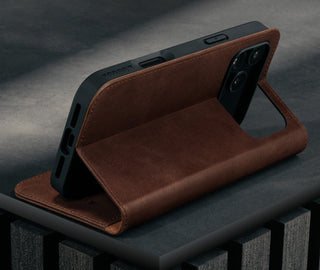 Stand function of the Dark Brown Leather Case for iPhone 17 Pro Max