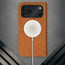 MagSafe charger attached to the Tan Leather Case for iPhone 17 Pro Max