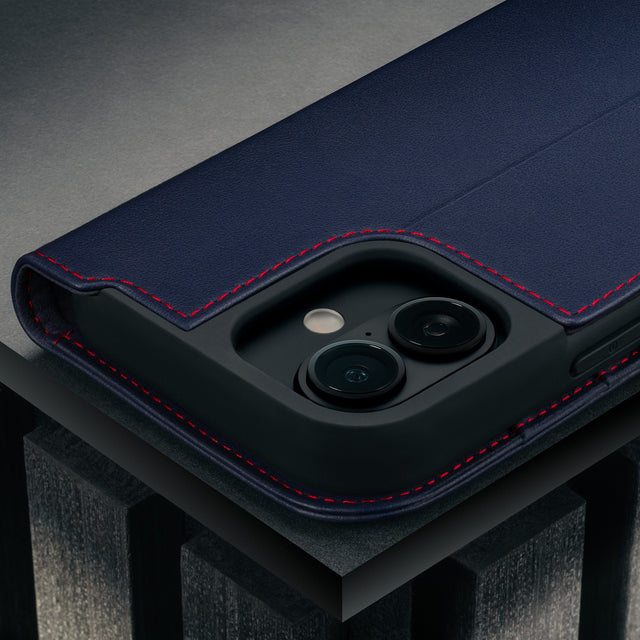 Camera cutout on the Navy Blue Leather Case for iPhone 17