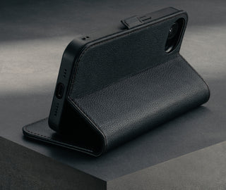 Stand function of the Black Leather Wallet Case for iPhone SE4 (2025)
