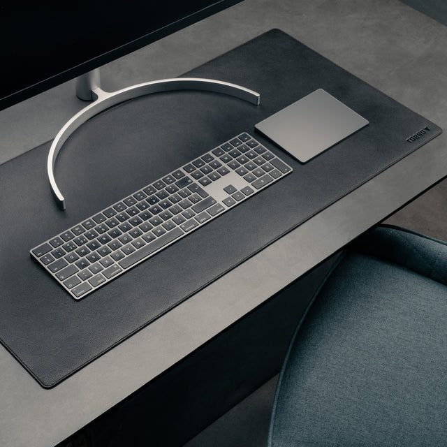 Desk setup with Large Black Leather Desk Mat