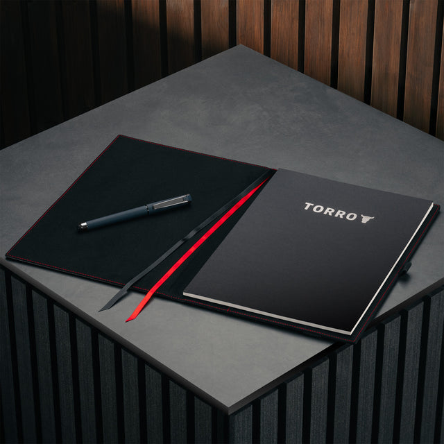 Microfibre lined Black Leather (with Red Stitching) A4 Notebook Cover