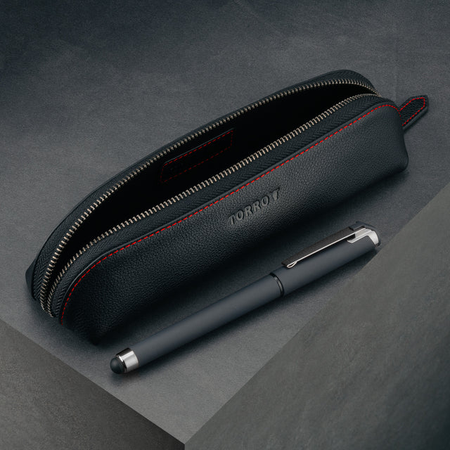 Black with Red Detail Leather Pencil Case