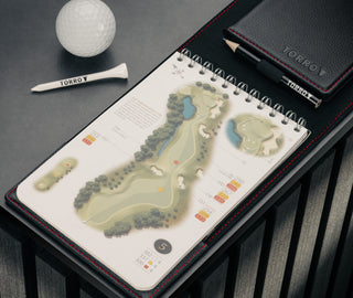 Yardage book in the PRO Edition of the Black with Red Detail Leather Golf Scorecard & Yardage Book Holder
